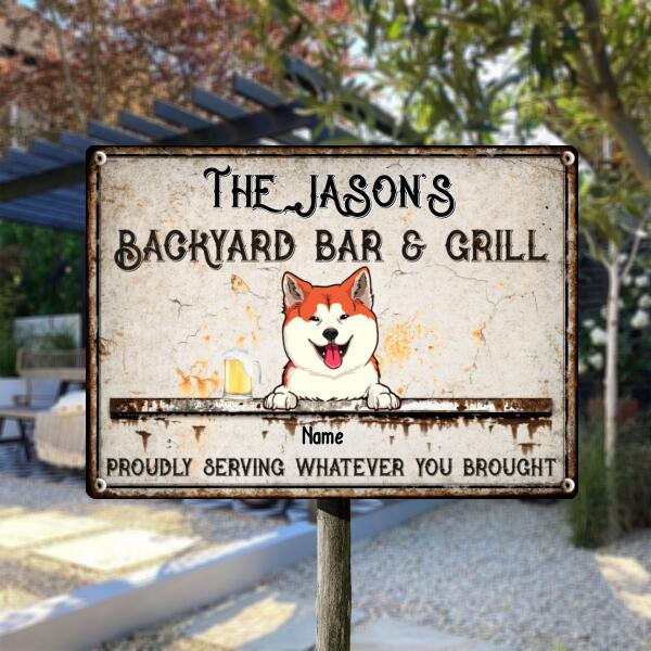 Pawzity Metal Backyard Bar & Grill Sign, Gifts For Pet Lovers, Proudly Serving Whatever You Brought Family Name Sign