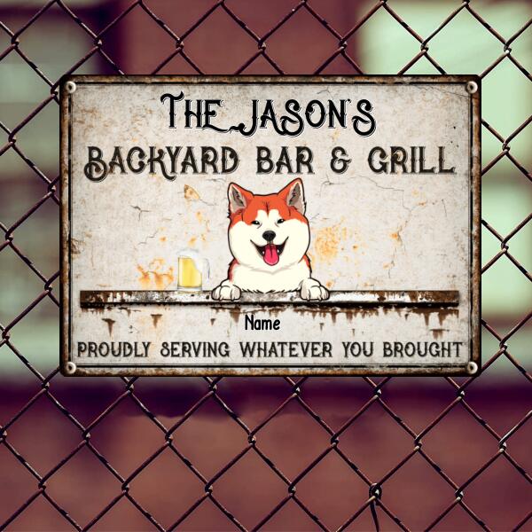 Pawzity Metal Backyard Bar & Grill Sign, Gifts For Pet Lovers, Proudly Serving Whatever You Brought Family Name Sign