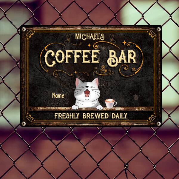 Pawzity Metal Coffee Bar Sign, Gifts For Cat Lovers, Freshly Brewed Daily Vintage Signs