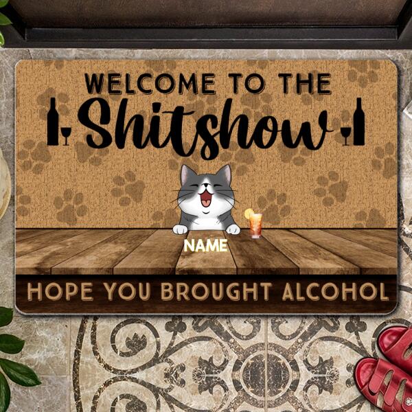 Pawzity Front Door Mat, Gifts For Cat Lovers, Welcome To The Shitshow Hope You Brought Alcohol Custom Doormat