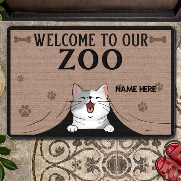 Pawzity Personalized Doormat, Gifts For Cat Lovers, Welcome To Our Zoo Cat Peeking From Curtain Front Door Mat