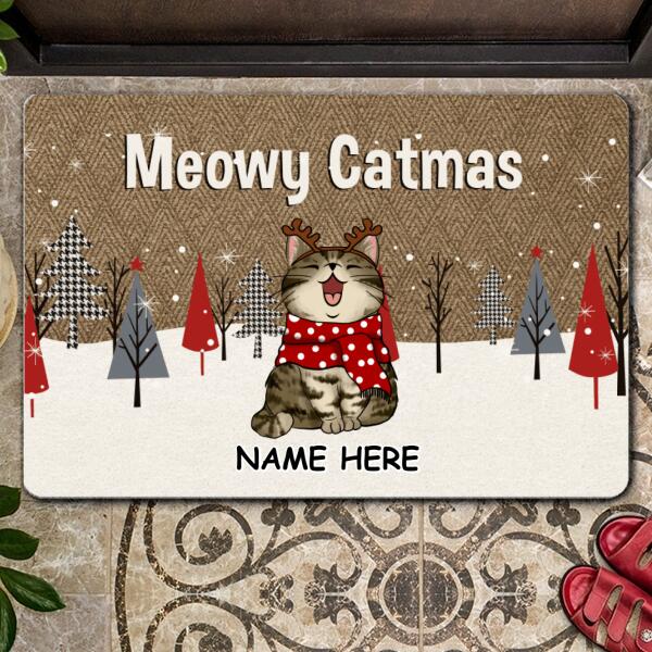 Christmas Personalized Doormat, Gifts For Cat Lovers, Meowy Catmas Argyle Pattern Coir Yarn Outdoor Door Mat