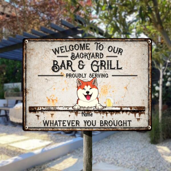 Pawzity Metal Backyard Bar & Grill Sign, Gifts For Pet Lovers, Proudly Serving Whatever You Brought Vintage Signs