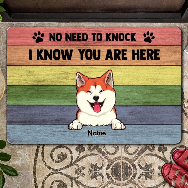 Pawzity No Need To Knock Custom Doormat, Gifts For Dog Lovers, We Know You Are Here Rainbow Wood Front Door Mat