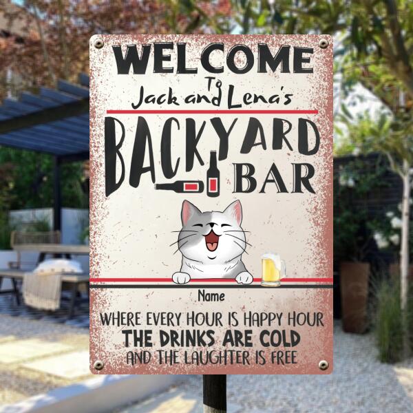 Pawzity Metal Backyard Bar Signs, Gifts For Cat Lovers, Where Every Hour Is Happy Hour Welcome Signs