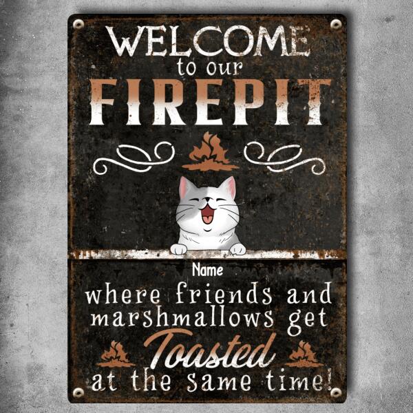 Pawzity Metal Camping Signs, Gifts For Cat Lovers, Welcome To Our Firepit Where Friends And Marshmallows Get Toasted