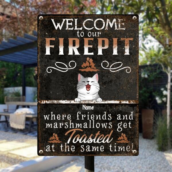 Pawzity Metal Camping Signs, Gifts For Cat Lovers, Welcome To Our Firepit Where Friends And Marshmallows Get Toasted