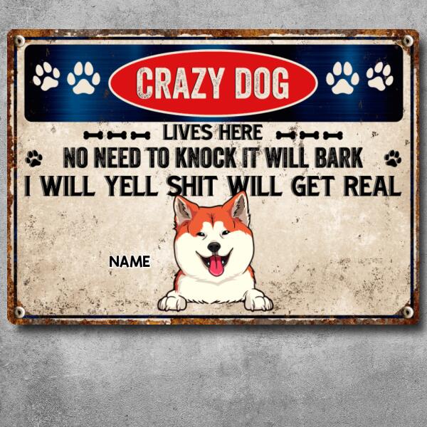 Pawzity Warning Metal Yard Sign, Gifts For Dog Lovers, Crazy Dogs Live Here No Need To Knock They Will Bark