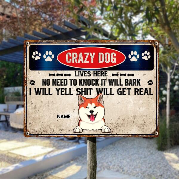 Pawzity Warning Metal Yard Sign, Gifts For Dog Lovers, Crazy Dogs Live Here No Need To Knock They Will Bark