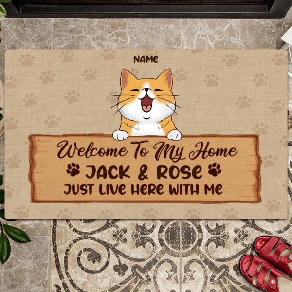 Pawzity Welcome To Our Home Personalized Doormat, Gifts For Cat Lovers, Cats On Wooden Sign Front Door Mat