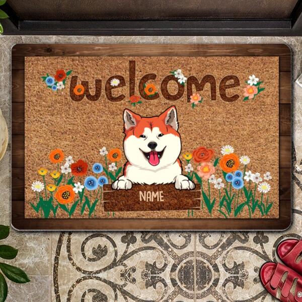 Pawzity Outdoor Door Mat, Gifts For Dog Lovers, Dogs With Flowers Personalized Doormat