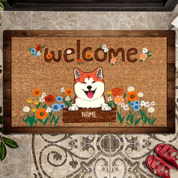 Pawzity Outdoor Door Mat, Gifts For Dog Lovers, Dogs With Flowers Personalized Doormat