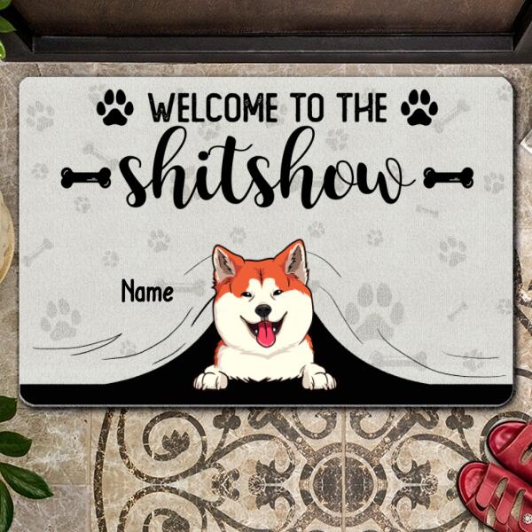 Pawzity Welcome To The Shitshow Custom Doormat, Gifts For Dog Lovers, Peeking From Curtain Dog Welcome Mat