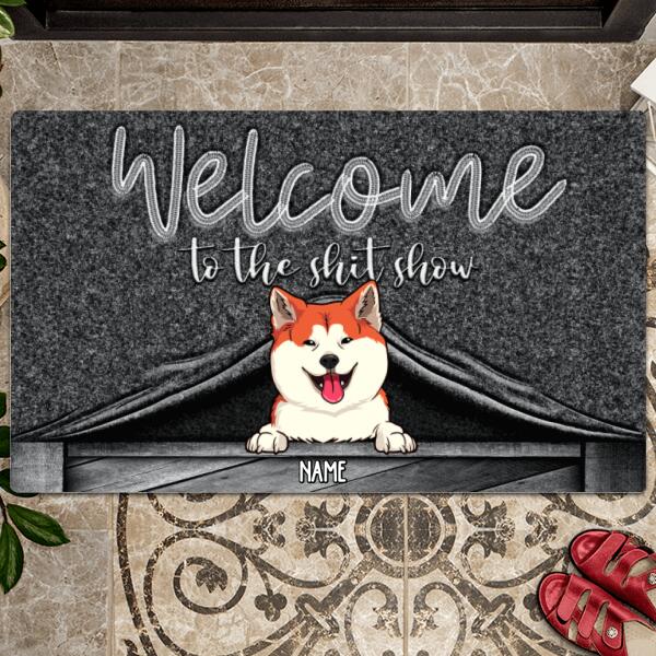 Pawzity Welcome To The Shitshow Personalized Doormat, Gifts For Dog Lovers, Dog Peeking From Curtain Front Door Mat