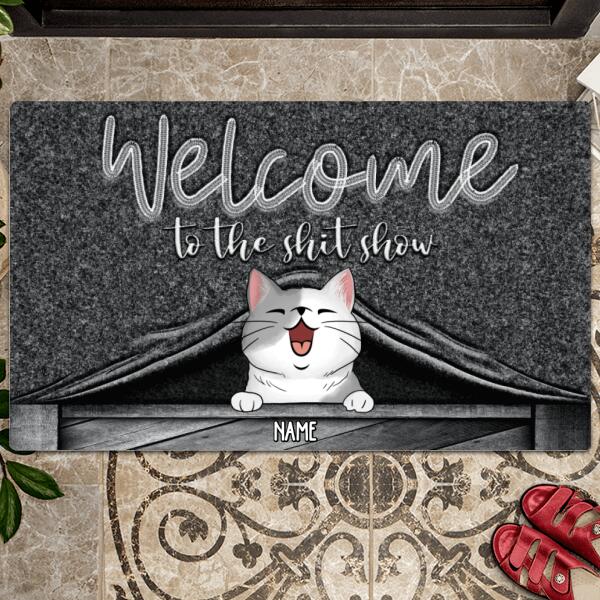 Pawzity Welcome To The Shitshow Personalized Doormat, Gifts For Cat Lovers, Cat Peeking From Curtain Front Door Mat