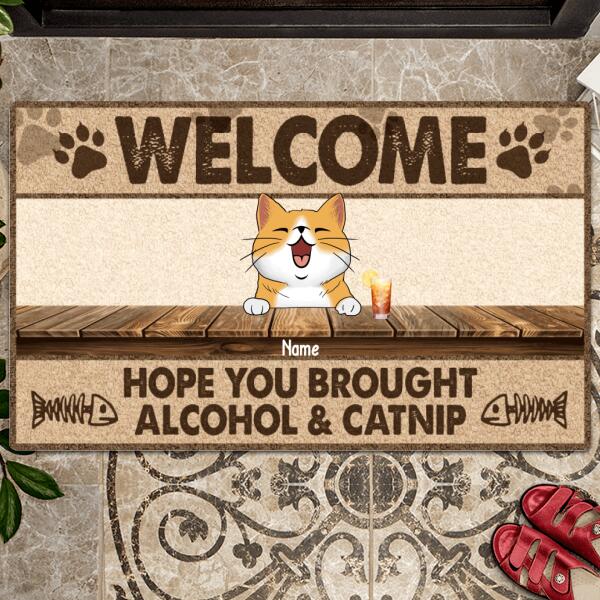 Pawzity Personalized Doormat, Gifts For Cat Lovers, Welcome Hope You Brought Alcohol & Catnip Front Doormat