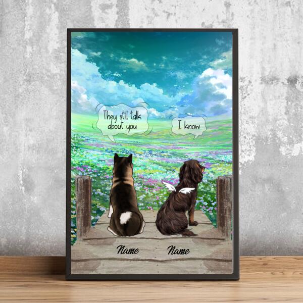 They Still Talk About You, Flower Field, Angle Wings Cat & Dog, Personalized Pet Loss Memorial Poster, Pet Loss Gifts