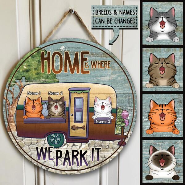 Pawzity Personalized Camping Signs, Gifts For Cat Lovers, Home Is Where We Park It, Cats In Camper Van , Cat Mom Gifts