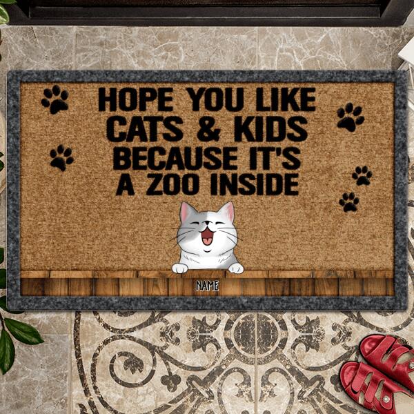 Pawzity Custom Doormat, Gifts For Cat Lovers, Hope You Like Cats And Kids Because It's A Zoo Inside Front Door Mat