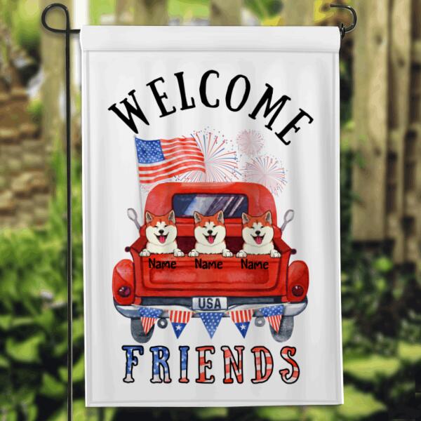 Welcome Friends, Custom Dog Flag, American Truck, Rustic Patriotic Flag, Personalized  Dog Lovers Garden Flag