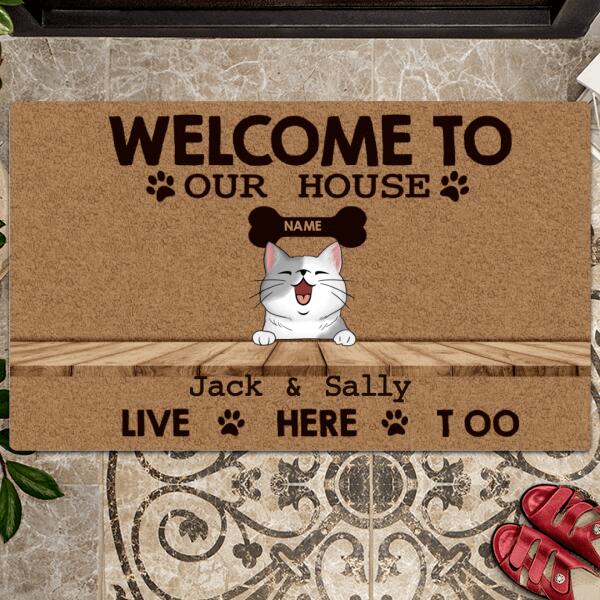 Pawzity Welcome To Our House Custom Doormat, Gifts For Cat Lovers, Our Owners Live Here Too Front Door Mat