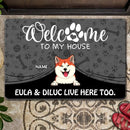 Pawzity Welcome To Our House Custom Doormat, Gifts For Dog Lovers, Pet Peeking From Curtain Dark Front Door Mat