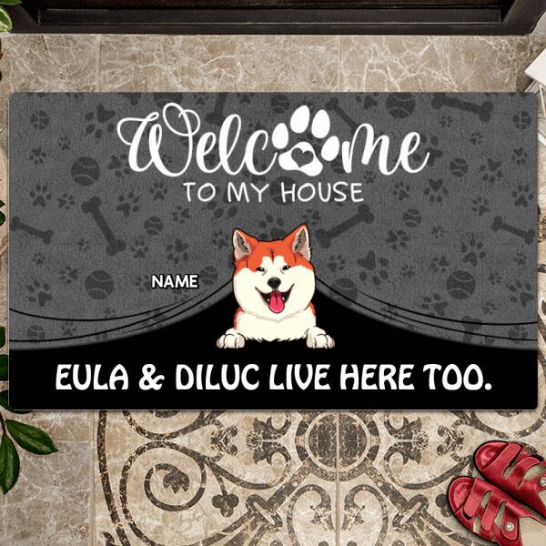 Pawzity Welcome To Our House Custom Doormat, Gifts For Dog Lovers, Pet Peeking From Curtain Dark Front Door Mat