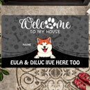 Pawzity Welcome To Our House Custom Doormat, Gifts For Pet Lovers, Pet Peeking From Curtain Dark Front Door Mat