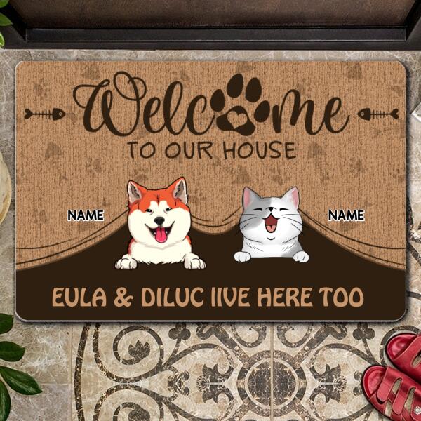 Pawzity Welcome To Our Home Custom Doormat, Gifts For Pet Lovers, Pet Peeking From Curtain Welcome Mat