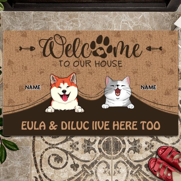 Pawzity Welcome To Our Home Custom Doormat, Gifts For Pet Lovers, Pet Peeking From Curtain Welcome Mat