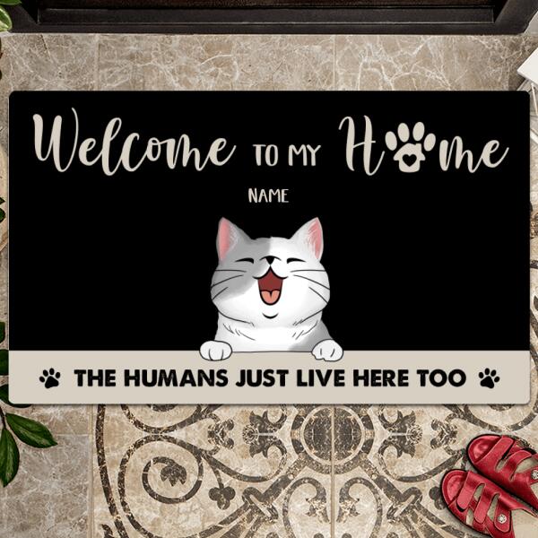 Pawzity Welcome To Our Home Personalized Doormat, Gifts For Cat Lovers, The Humans Just Live Here Black Front Door Mat