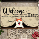 Pawzity Welcome Mat, Gifts For Pet Lovers, First I Steal Your Heart Your Bed And Sofa Outdoor Door Mat