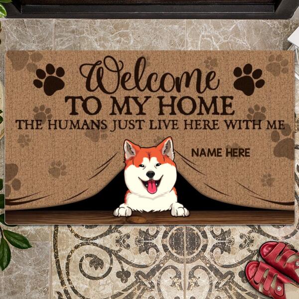 Pawzity Welcome To Our Home Front Door Mat, Gifts For Pet Lovers, Dog & Cat Peeking From Curtain Custom Doormat