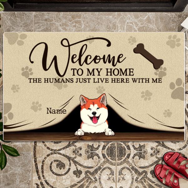 Pawzity Welcome To Our Home Personalized Doormat, Gifts For Dog Lovers, Peeking From Curtain Brown Front Door Mat