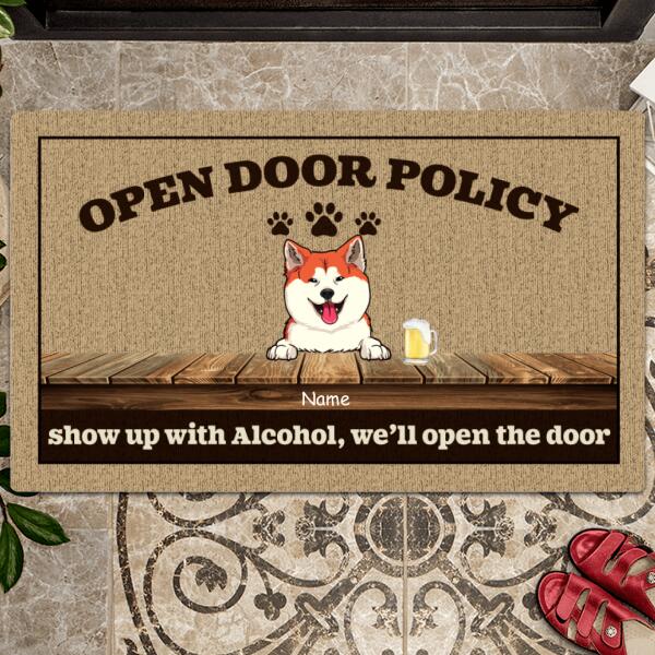 Pawzity Custom Doormat, Gifts For Pet Lovers, Open Door Policy Show Up With Alcohol We'll Open The Door
