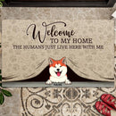 Pawzity Welcome To Our Home Personalized Doormat, Gifts For Dog Lovers, Peeking From Curtain Front Door Mat