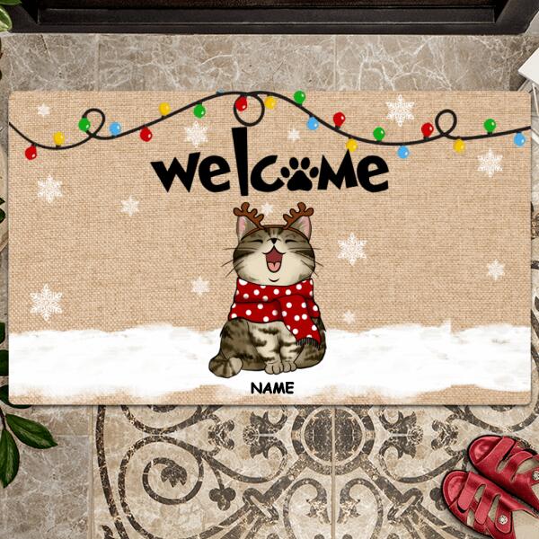 Christmas Personalized Doormat, Gifts For Cat Lovers, Welcome Snowflake & Xmas Lights Front Door Mat