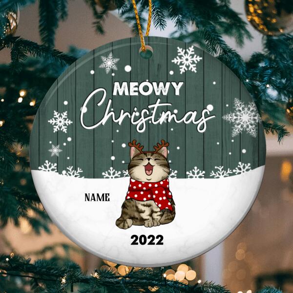 Meowy Christmas, Cats In The Snow, Personalized Cat Breeds Circle Ceramic Ornament, Xmas Gifts For Cat Lovers