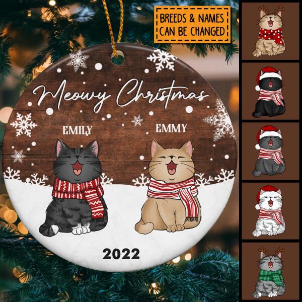 Meowy Christmas, Brown Bauble, Personalized Cat Breeds Circle Ceramic Ornament, Xmas Gifts For Cat Lovers