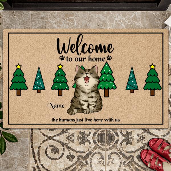 Christmas Welcome To Our Home Personalized Doormat, Gifts For Cat Lovers, Christmas Pine Trees Front Door Mat