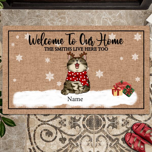 Pawzity Welcome To Our Home Personalized Doormat, Gifts For Cat Lovers, Our Owner Live Here Too Front Door Mat