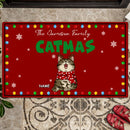 Christmas Personalized Doormat, Gifts For Cat Lovers, Catmas Xmas Lights Red Front Door Mat