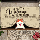 Pawzity Welcome To Our Home Personalized Doormat, Gifts For Pet Lovers, Pet Peeking From Curtain Front Door Mat