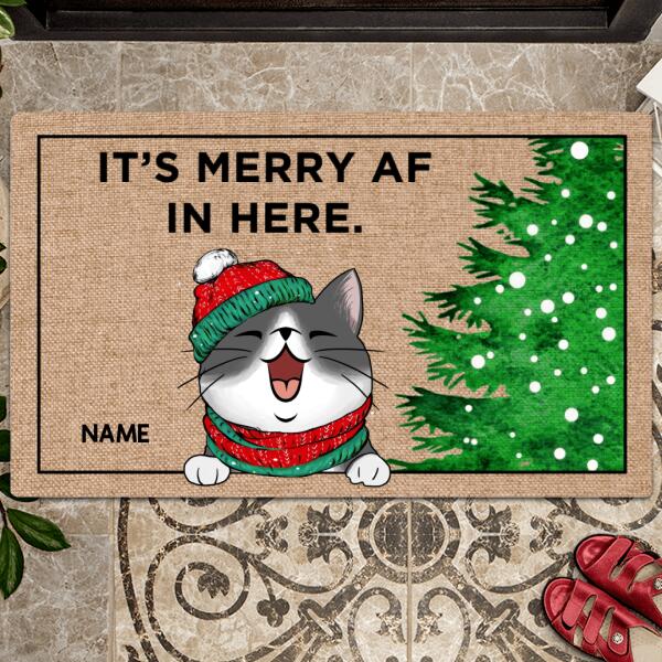 Christmas Personalized Doormat, Gifts For Cat Lovers, It's Merry Af In Here Front Door Mat