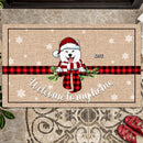 Christmas Welcome To Our Home Personalized Doormat, Gifts For Dog Lovers, Dogs In Plaid Bow Tie Front Door Mat