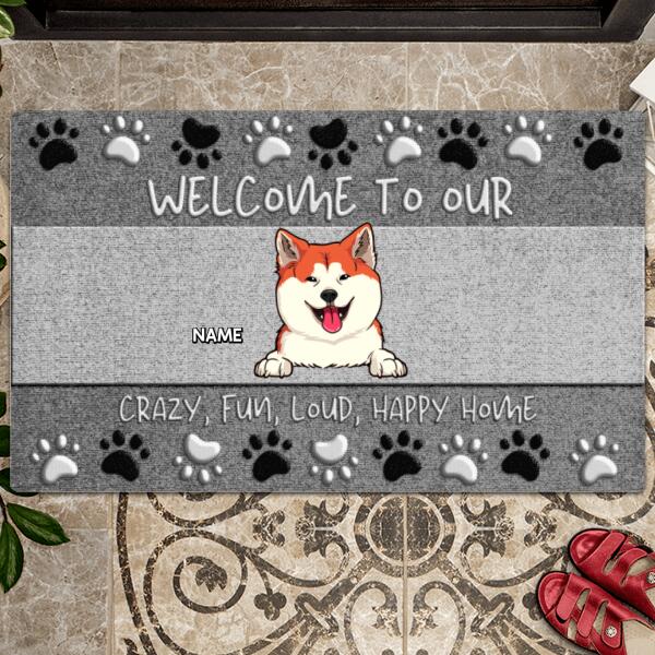 Pawzity Custom Doormat, Gifts For Dog Lovers, Welcome To Our Crazy Fun Loud Happy Home Gray Front Door Mat