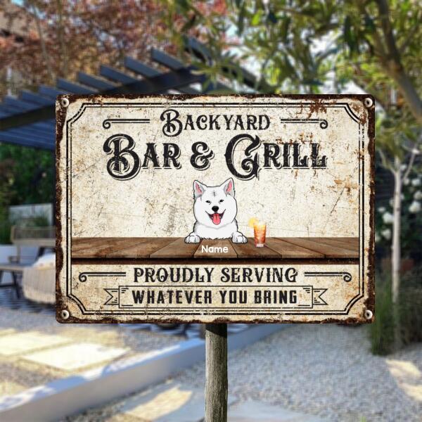 Pawzity Metal Backyard Bar & Grill Sign, Gifts For Dog Lovers, Proudly Serving Whatever You Bring Vintage Metal Signs