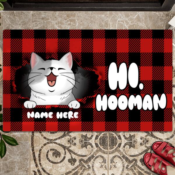Pawzity Personalized Doormat, Gifts For Cat Lovers, Hi Hooman Buffalo Plaid Front Door Mat