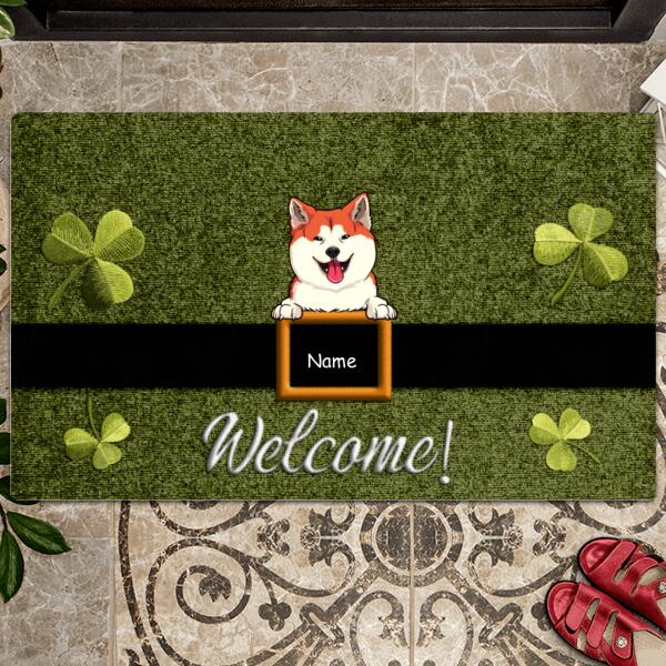 St. Patrick's Day Personalized Doormat, Gifts For Dog Lovers, Welcome Dogs On A Belt Holiday Doormat