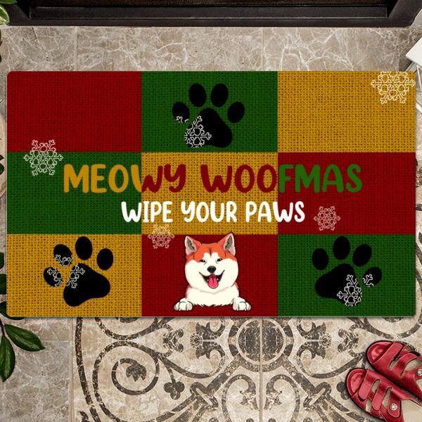 Christmas Personalized Doormat, Gifts For Pet Lovers, Meowy Woofmas Wipe Your Paws Front Door Mat